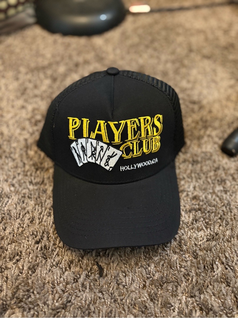 Black Trucker Hat with Yellow and White Embroidery